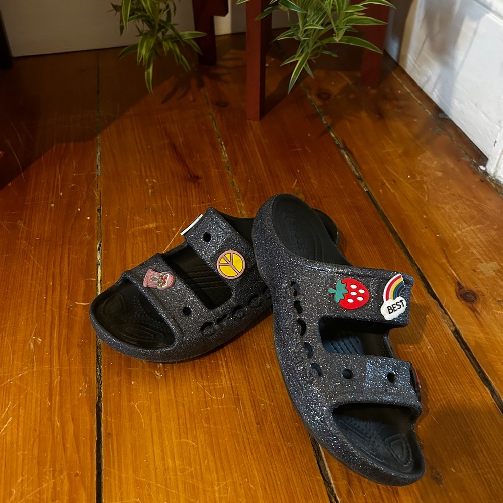 Crocs Glitter Strap Sandals with Fun Charms - Black